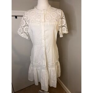 White Lace Cotton Dress CottageCore Medium Short Sleeves Crochet